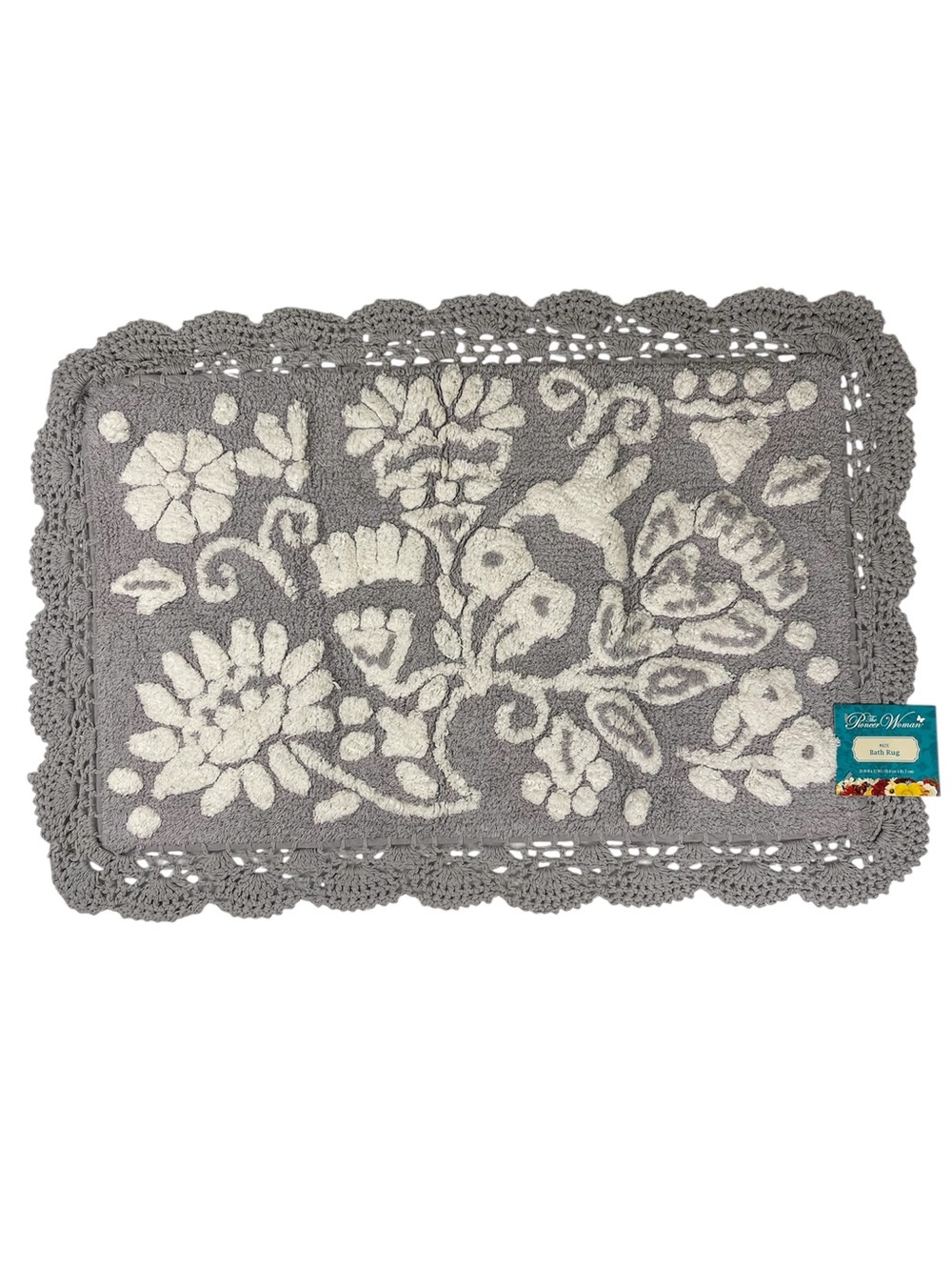 The Pioneer Woman Mazie Floral Crochet Bath Rug 20x32 Gray Silver NWT